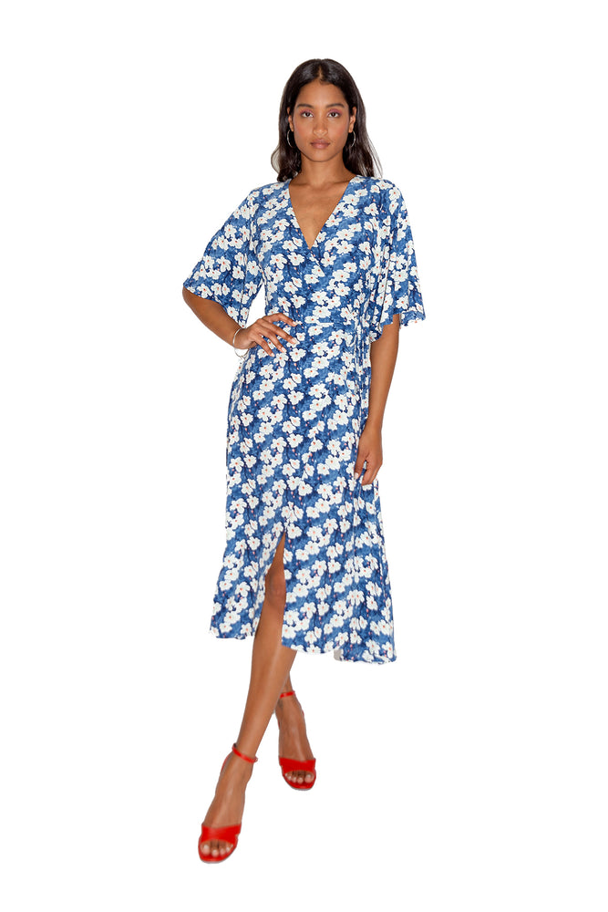 Navy Floral Midi Wrap Dress with Kimono Sleeves – Liquorish Online